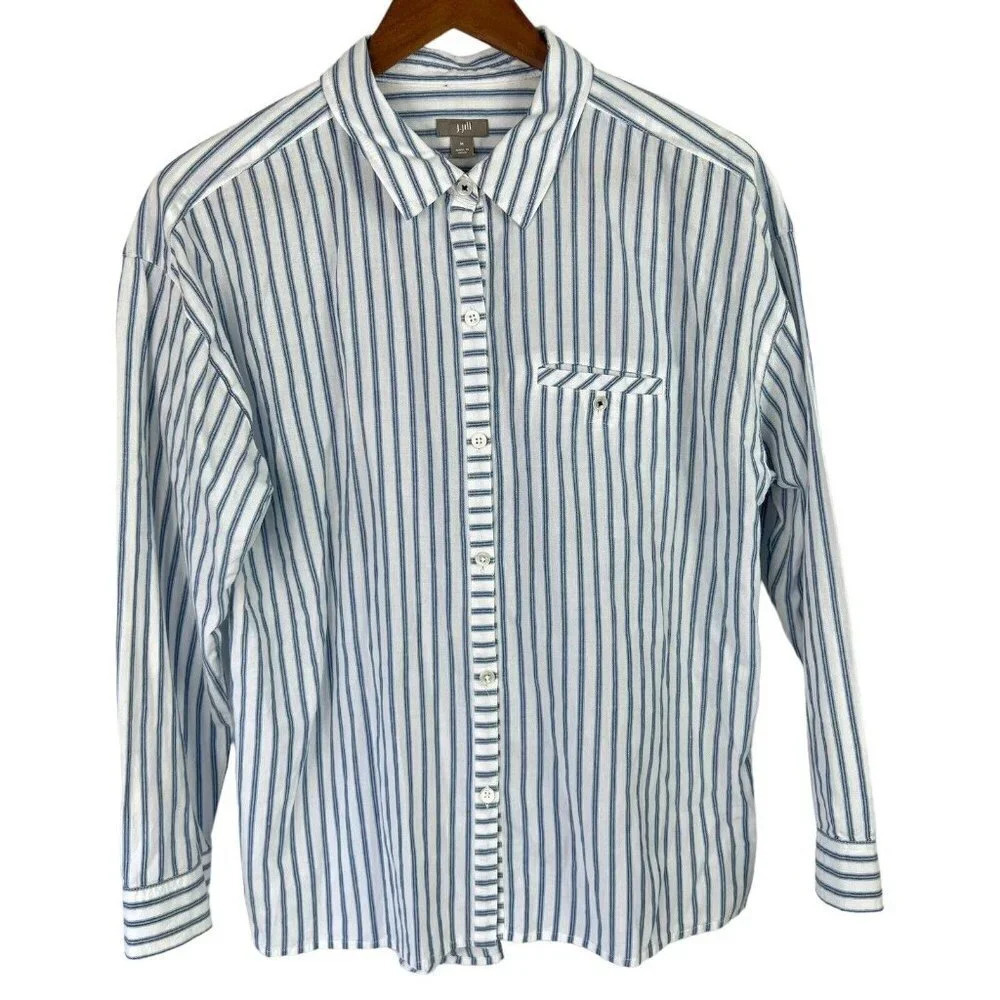 J. Jill Women's Medium Blue White Striped Cotton Button-Up Long Sleeve Shirt